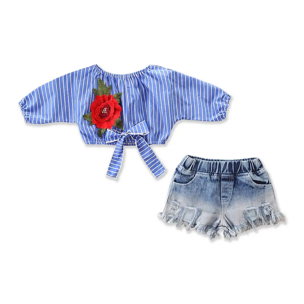 

2018 Toddler Infant Kid Baby Girl Striped Top Floral T Shirts+Denim Shorts Pants Summer Fashion Outfits Set