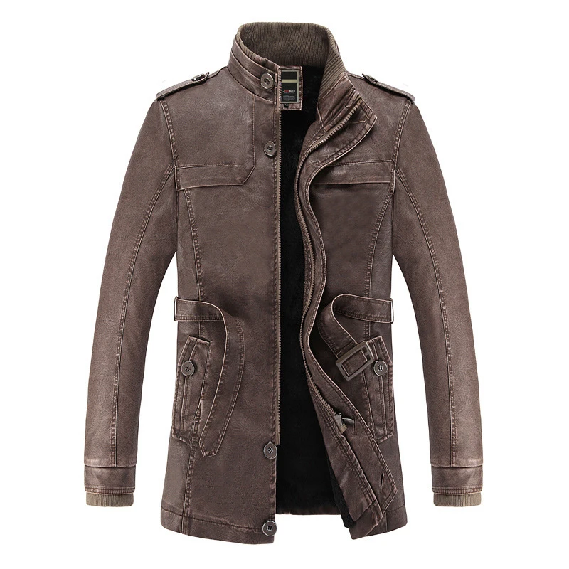 Новинка, мужская кожаная куртка, зимняя, брендовая, модная, утолщенная, размера плюс, высокое качество, искусственная кожа, мех, длинная, кожаная куртка, пальто для мужчин, BF12933 - Цвет: COFFEE