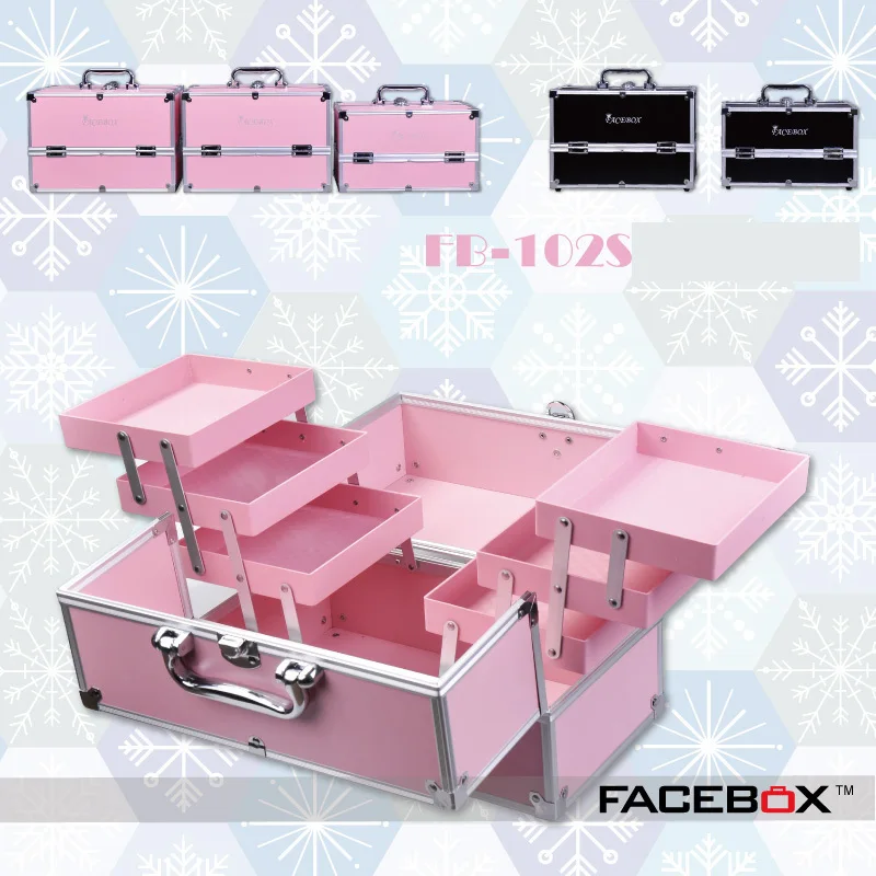 

6 Type Facebox Fashion Aluminum Cosmetic Case Beauty Box with Inner Tray Professional makeup box Black and pink color