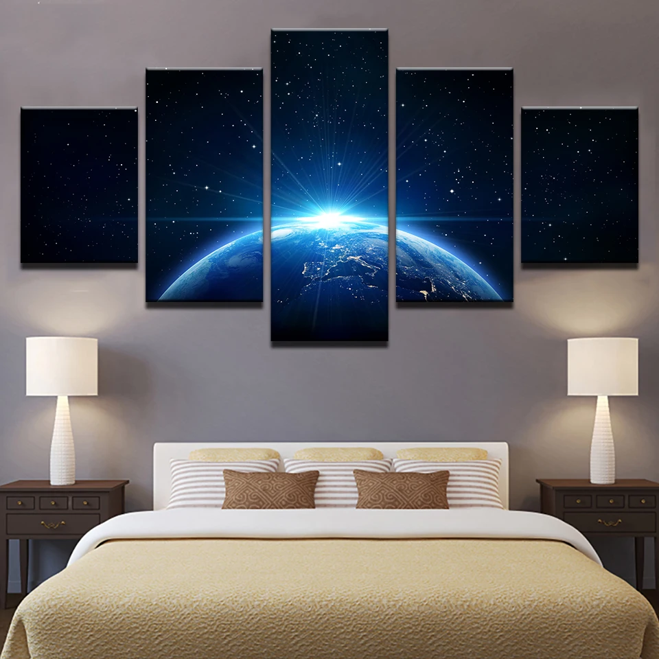 

Canvas Prints Paintings Wall Art Home Decor 5 Pieces Universe Earth Planet Poster Living Room Space Blue Ligh Pictures Framework