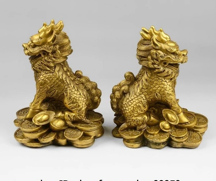 Чистая медь Китай Fengshui Yuanbao богатство Кирин Единорог kylin Chi Lin Статуя Пара|Статуи и