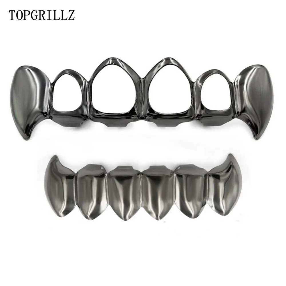 

TOPGRILLZ Gold Color Plated Hip Hop Teeth Hollow Fang Top & Solid Fangs Bottom Grillz Set Vampire Grills Sets