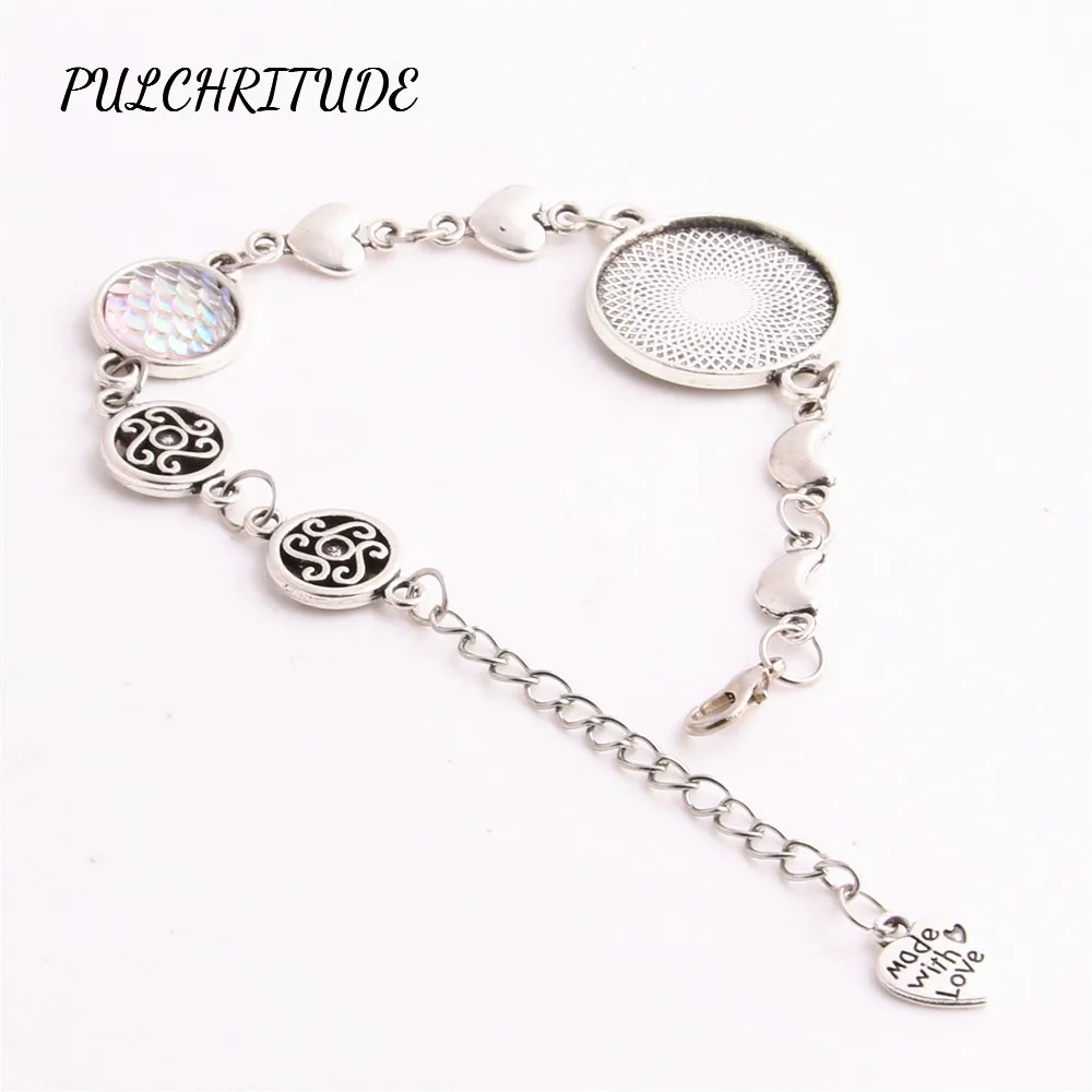 

PULCHRITUDE Metal Alloy Silver 3pcs Fish scale Cameo Handmade Bracelet Fit round 22mm Cabochon Base Moon Star Charm Diy C1541