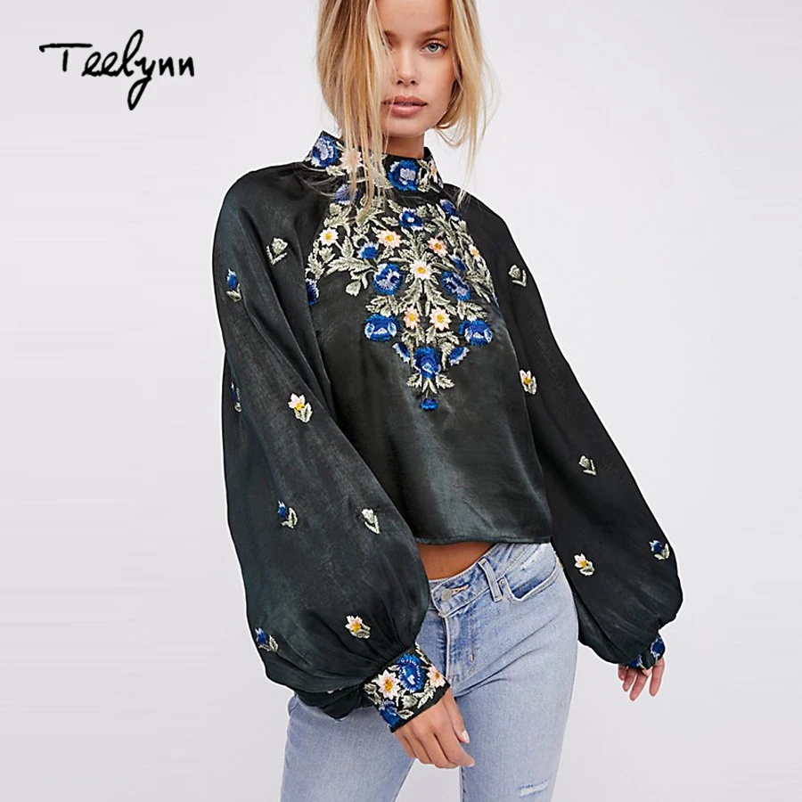 TEELYNN BOHO женские блузки 2018 Цветочная вышивка фонарь длинный рукав атласная блузка