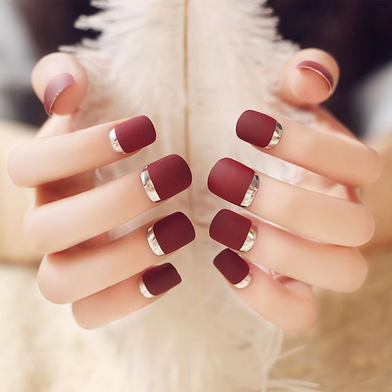 Uñas postizas para mujer Uñas francesas plateadas Manicura fácil y sexy Color rosa metálico Estilo Mu Z096 24 uds.