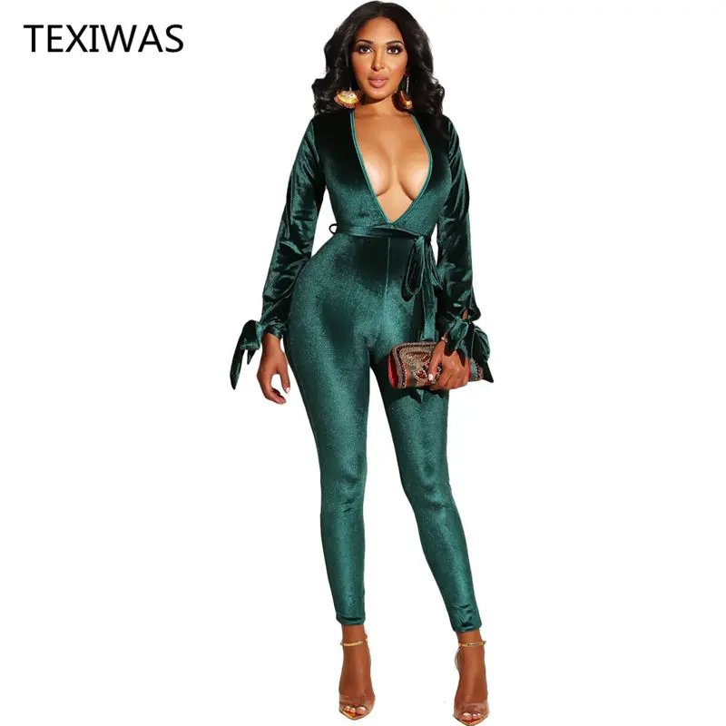 TEXIWAS Sexy backless hollow Overalls with belt Street Jumpsuits Women Deep V-neck Puff sleeve Bodysuit Club Party | Женская одежда