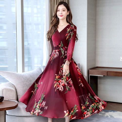 

2019 Early Autumn Flower Print Women Chiffon Long Dresses Office Lady V-neck Floral Sashes Plus Size Designs Temperament Dress
