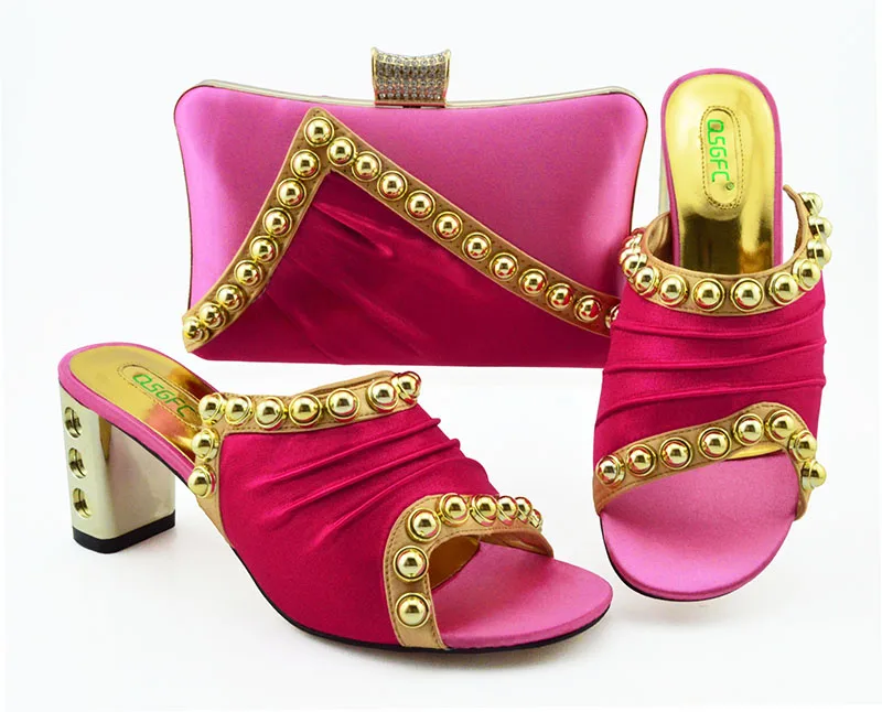 

Middle 3 inches heel shoes and clutches bag set in fushia hot pink italian newest fashion shoes and bag matching set SB8383-5