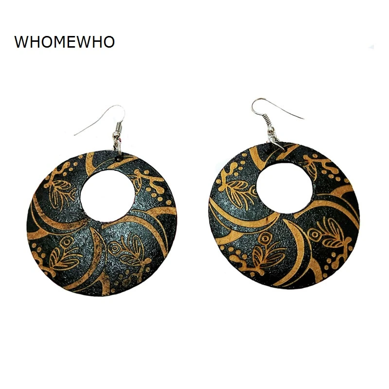 黒の木製ラウンドイヤリング 手作りのアフリカンジュエリー 花柄 エスニックアクセサリー ボヘミアンスタイル ドロップイヤリング Aliexpress