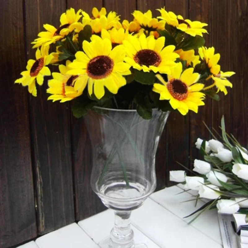 Online Whole Fake Yellow Flowers From China 7 Heads Large Artificial Fake Sunflower Bouquet Yellow Silk Tournesol Flowers For Party Home Beauty Decoration