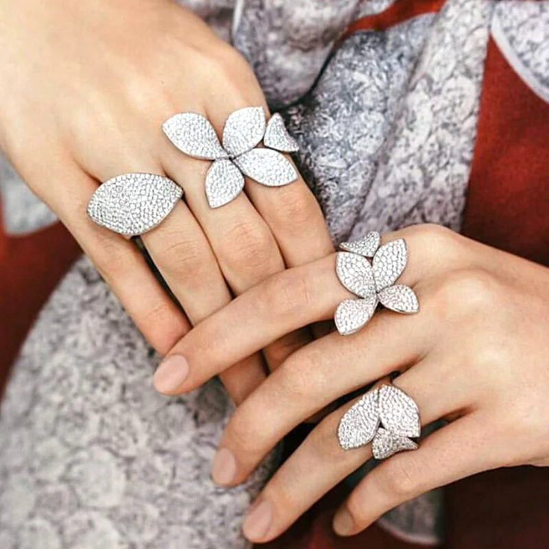 

Big Leaf Rings For Women Cz Pave Setting Elegant Unique Design Rose Flower Open Adjustable Finger Jewelry For Party