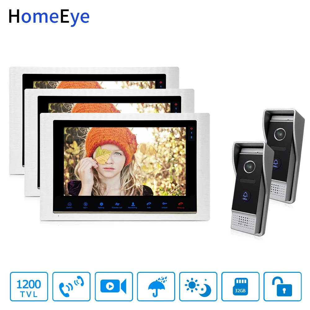 

HomeEye Video Door Phone Video Intercom Motion Detection Touch Button 10'' Monitor 1200TVL IR Camera 2-3 Security Access System