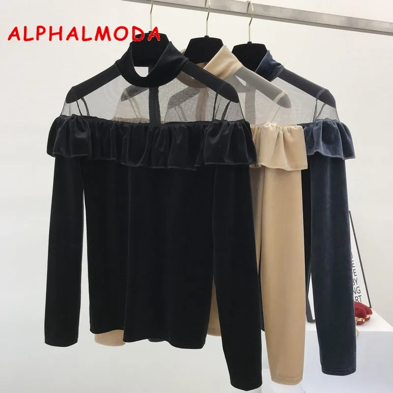 ALPHALMODA газовая Лоскутная Нижняя Футболка с оборками сексуальные Бархатные Топы