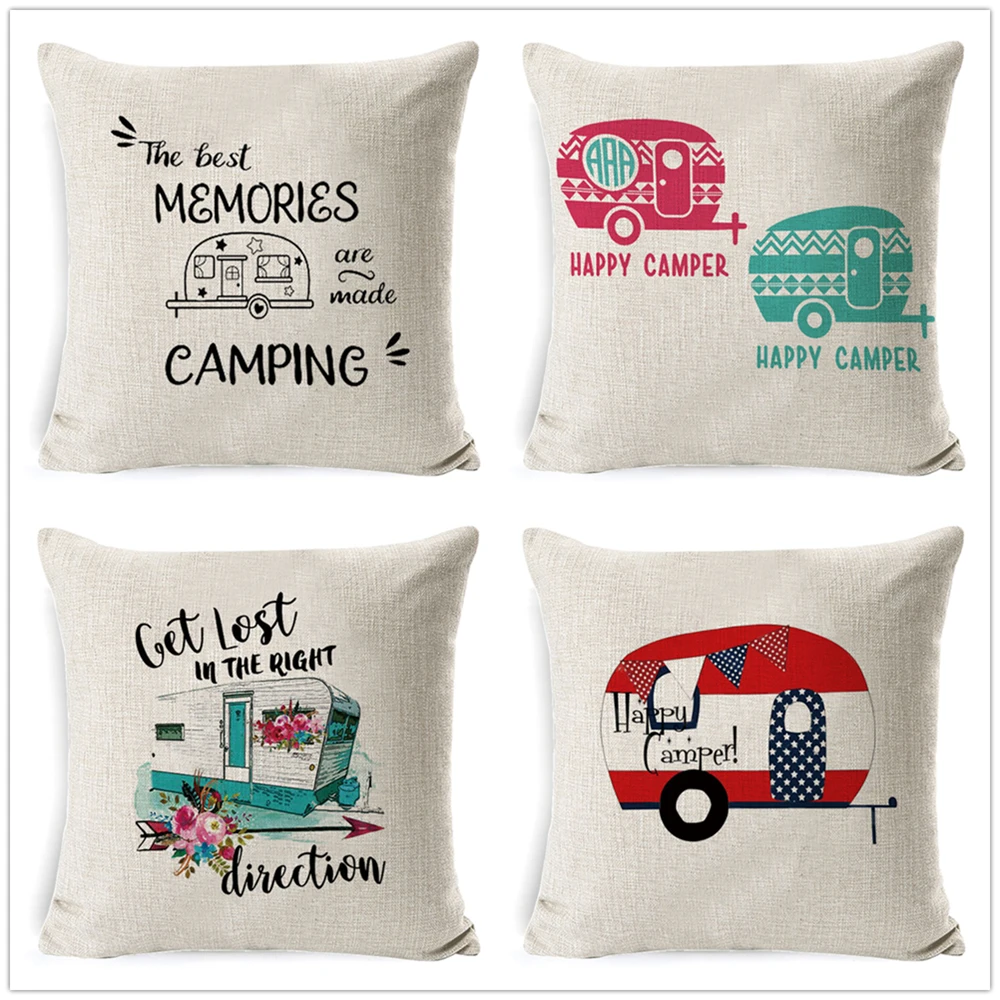 

Fokusent Cushion Cover Best Memories Linen Decorative Pillows Happy Camper Pillow Cases Pillowcase Gift Bedroom Sofa Home Decor