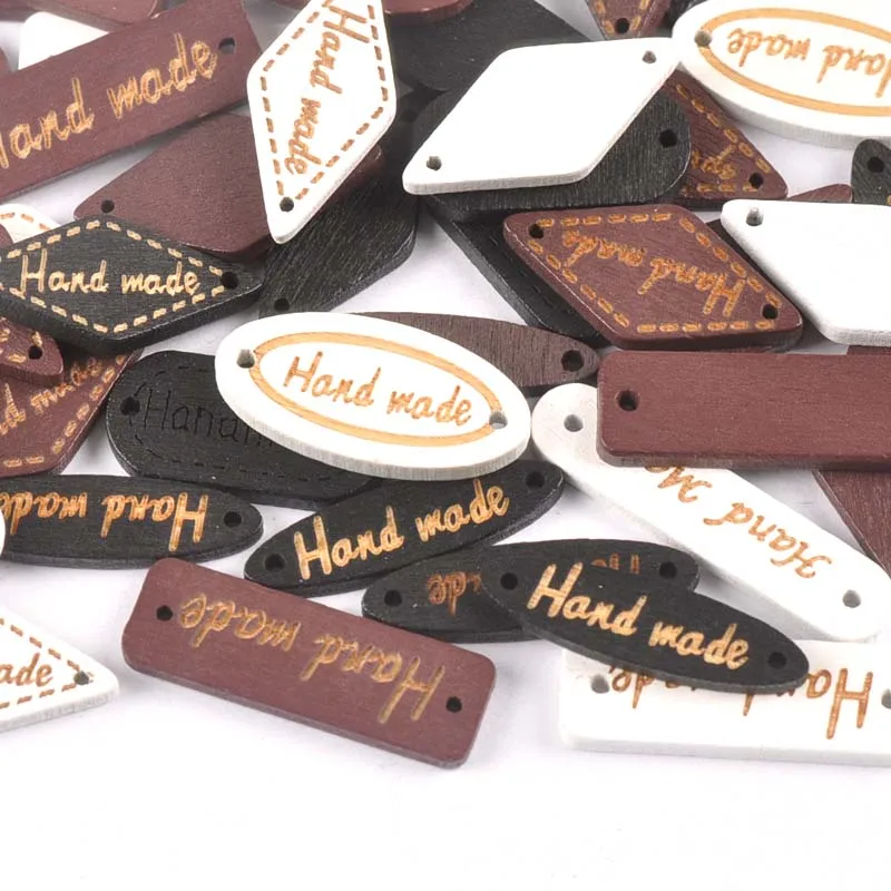 

50Pcs Random Mixed Shape Tags Wood Crafts DIY Scrapbookings 2 Holes Wooden Button "Hand Made" Clothes Sewing Accessories m1869
