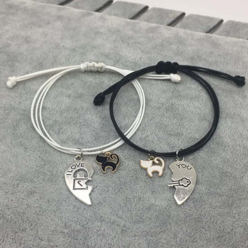 New Fashion Couple Bracelet Stitching Heart Bracelets Women Cute Cat Pendant Romantic Valentine's Day present for Lovers