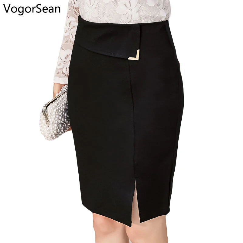 Comprar VogorSean mujeres delgadas Sexy Formal Office Lady falda Faldas elásticas de cintura alta negro paso lápiz Saias OL Faldas para el trabajo de las mujeres