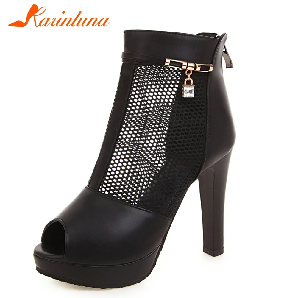 

KARINLUNA Brand New Plus Size 33-43 Summer Boots Ladies High Heels Peep Toe Hollow Women Shoes Woman Party Office Ankle Boots
