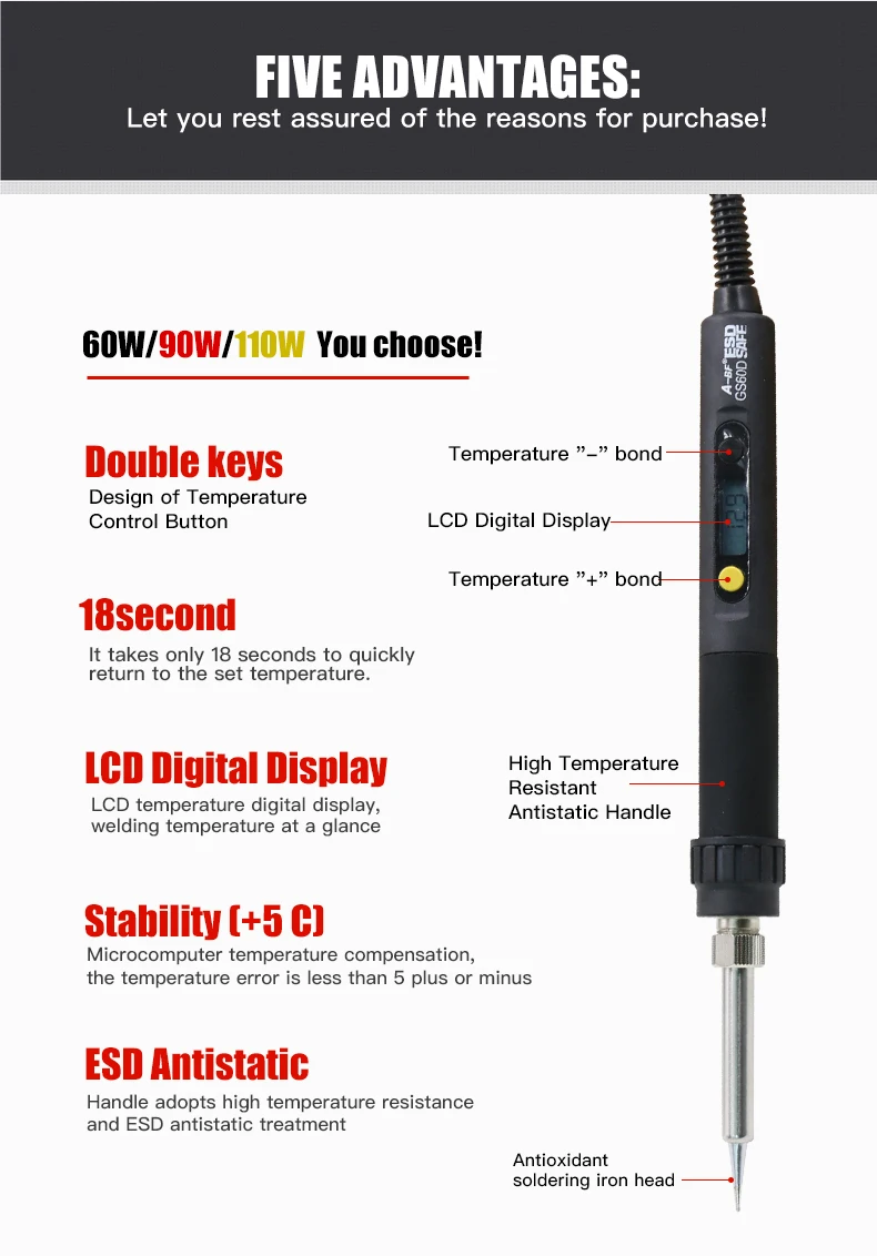 A-BF GS60D GS90D GS110D паяльник с ЖК-дисплеем Регулируемая температура высокое качество паяльник Комплект с паяльными наконечниками