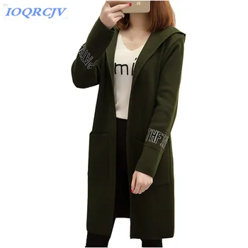 

Cardigan jacket Women knitted sweater Spring autumn Hooded tops Letter print Loose female Sweater coat Medium length IOQRCJVN132