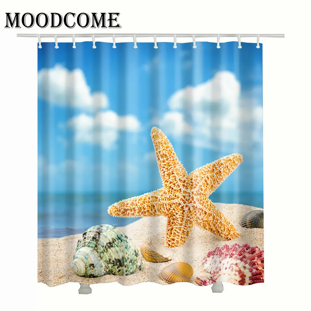 Blue sky beach shower curtain fabric waterproof 3d Coral Starfish