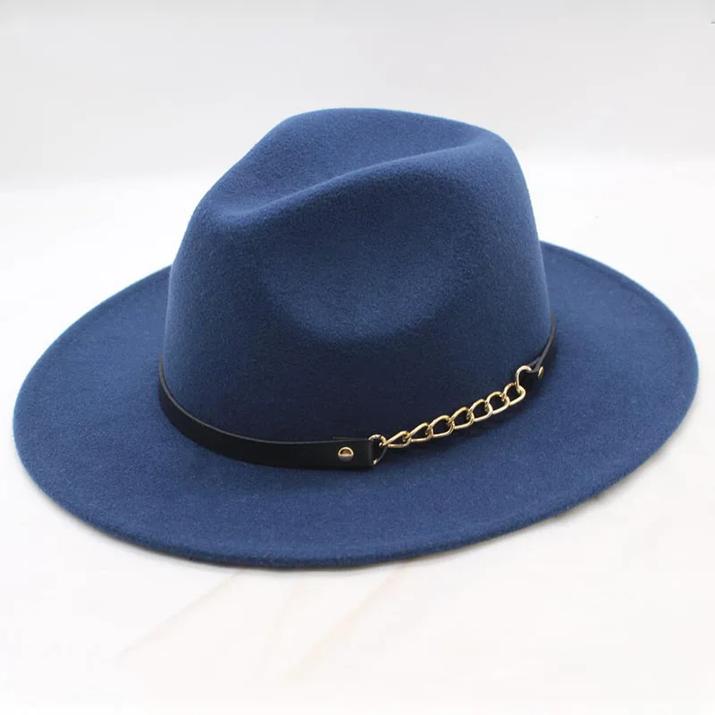 Элегантная шляпа-федора с широкими полями, женские шерстяные фетровые шляпы, кожаный ремень, Весенняя зимняя женская джазовая шляпа, черные шляпы и кепки - Цвет: navy