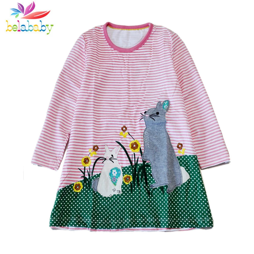 2019 Spring Long Sleeve Print Unicorn Dresses for Girls Cotton Casual Striped Princess Dresses Soft Cute Children Clothing