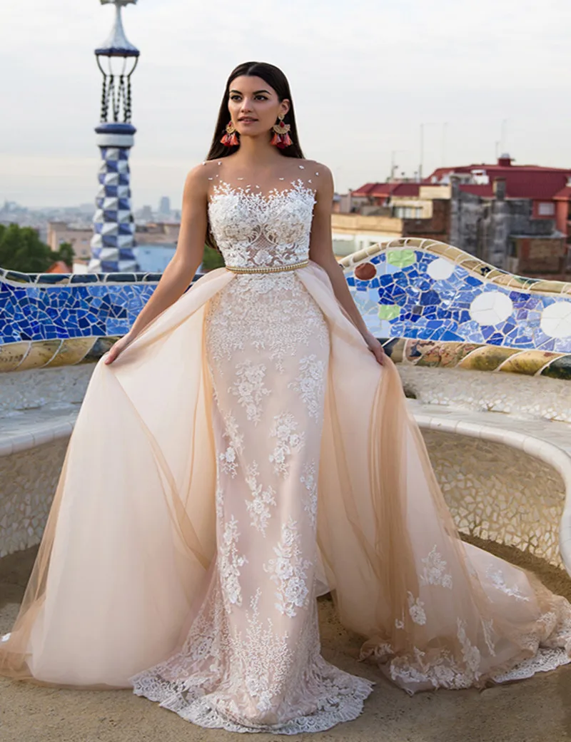 

Vestidos De Novia Vintage Lace Wedding dresses 2017 Sheer Scoop Appliques Mermaid Wedding Dress With Detachable Train
