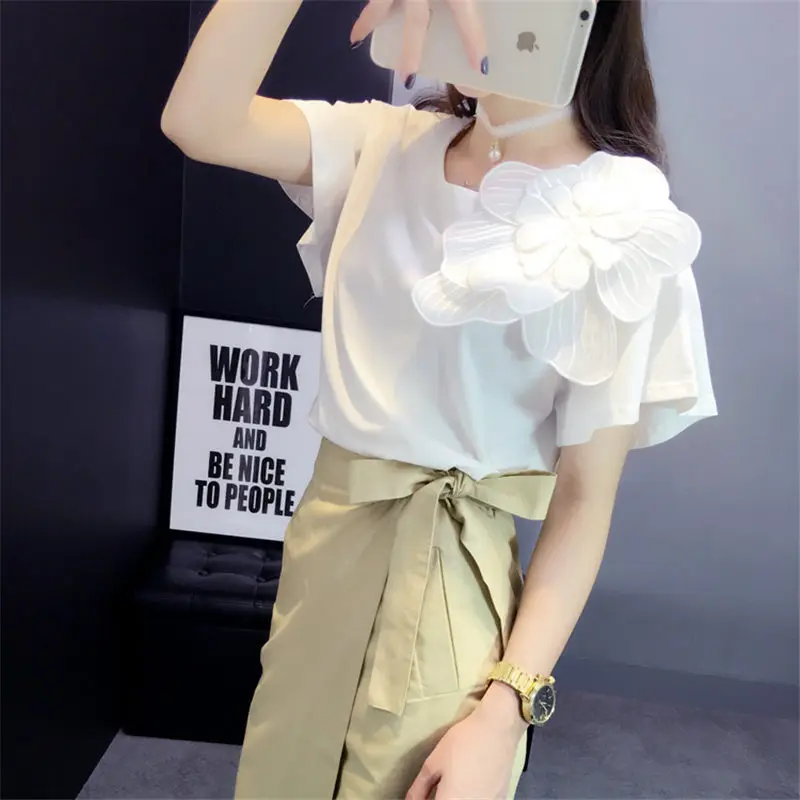 LUOSHA летние женские стильные хлопковые футболки с 3D большим цветком и белые топы женские футболки Mujer