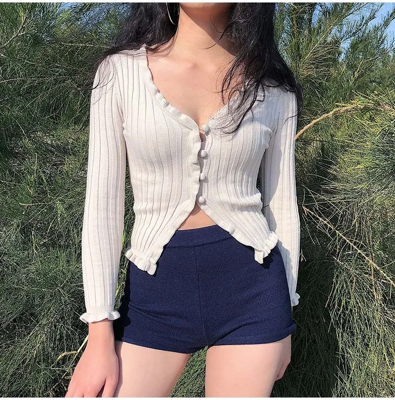 Harajuku Knitted Ruffle Women's Sweater Cardigan Solid Long Sleeve Pink Sexy Crop Top