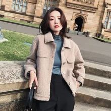 Ягненка Мех животных короткая куртка пальто женские повседневное зима бежевый кофе синий фиолетовый розовый бомбер куртки