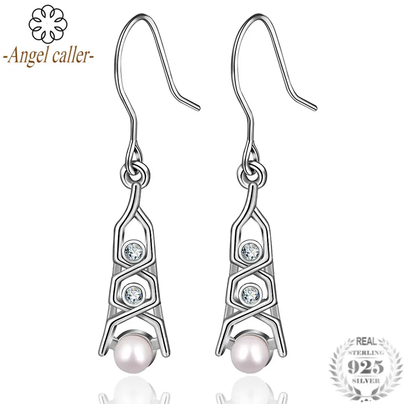 

Angel Caller Genuine 925 Sterling Silver Pearl Dangle Earrings Geomertry Zircon Drop Earrings Fine Jewelry for Women CYE051