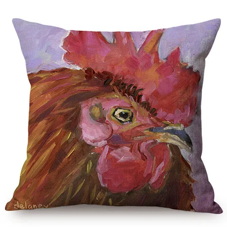 Hen Rooster Colorful Oil Painting Art Sofa Decoration Cushion Cover Rural Poultry Chicken Style Cotton Linen Square Pillow Case M082-4