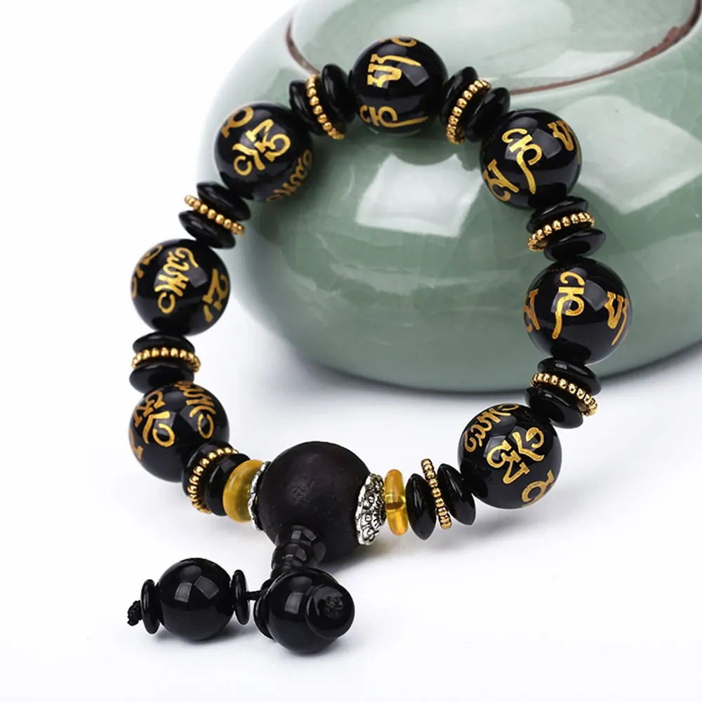

Original Natural Stone Obsidian Agate Six-Word Mantra Buddhist Bracelet Vintage Charm Round Chain Beads Bracelets Jewelry Women