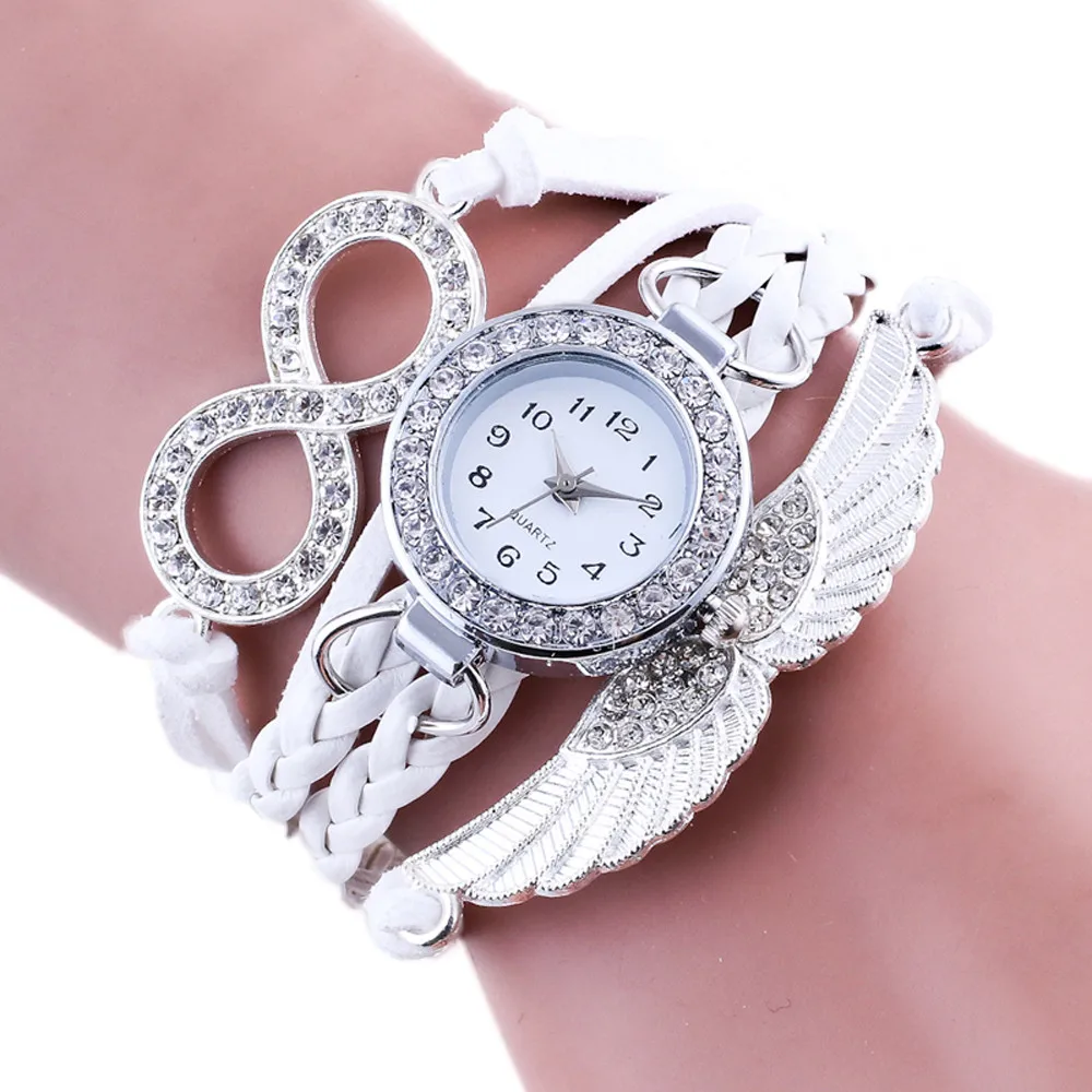 Новые модные женские часы-браслет с крылышками, роскошные стразы, часы с кожаной цепочкой, Женские кварцевые наручные часы, Relogio# W