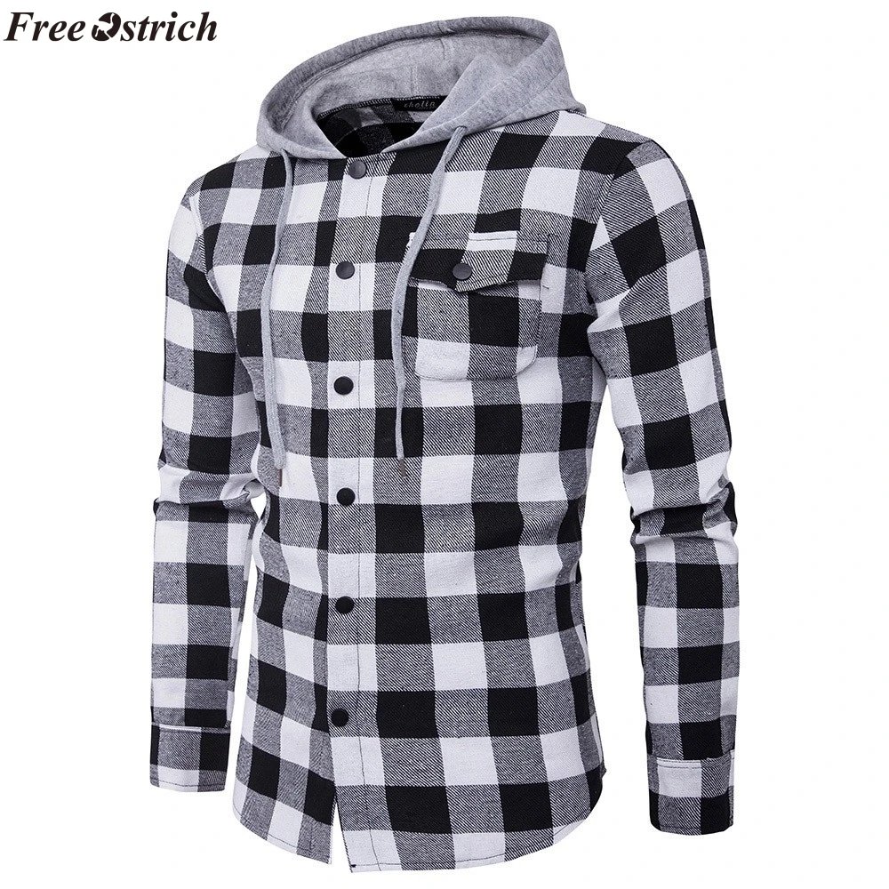 FREE OSTRICH hoodies Tracksuit Men's Autumn Casual Plaid Shirts Long Sleeve Pullover Shirt Top Hooded Blouse Sportswear