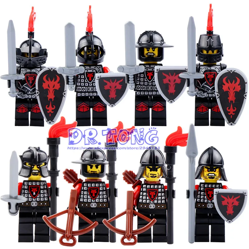 DR TONG Red Dragon Knight Medieval Castle Light Armor Knight with Weapons Figures Building Blocks Mini