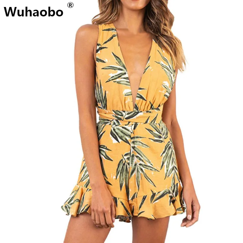 

Wuhaobo Floral Print Casual Boho Bodysuits Women 2019 Beach Cross Strap Jumpsuits Overalls Deep V Neck Off The Shoulder Playsuit