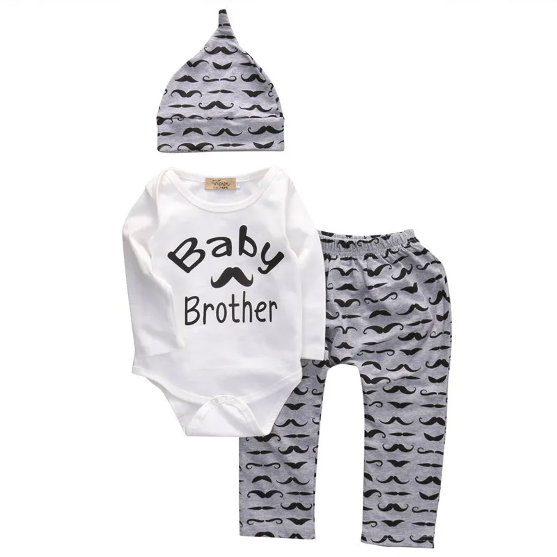Baby Clothes Set 3PCS Set Newborn Baby Girl Boy Tops Baby Brother Bodysuit+Beard Long Pants+Hat Outfits Baby Sets Clothing 0-18M