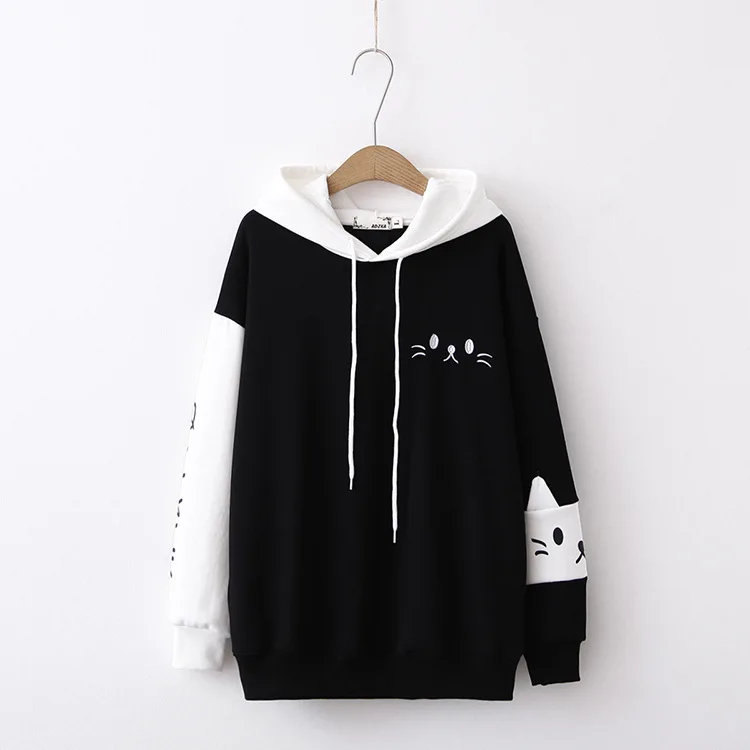  Cute Mori girl Cartoon Letter Cat Embroidery Patchwork Hoodie Winter Fall Pullover Long Sleeve Swea