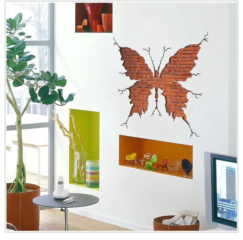 

Butterfly Shape Broken Wall Brick wall stickers Living room Bedroom Home decor Wall Decals Art Poster 3d effect Decoration