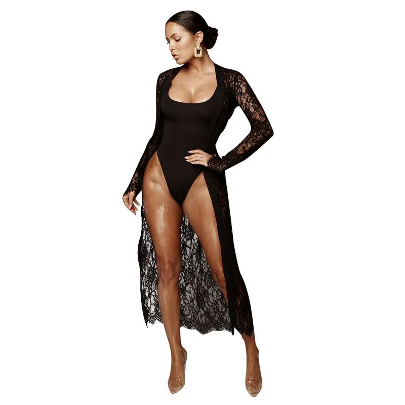 

Adogirl Women Sexy Two Piece Set Full Sleeve Extra Long Lace Cardigan Coat + Bodysuit Swimwear Female Night Club Party Outfits