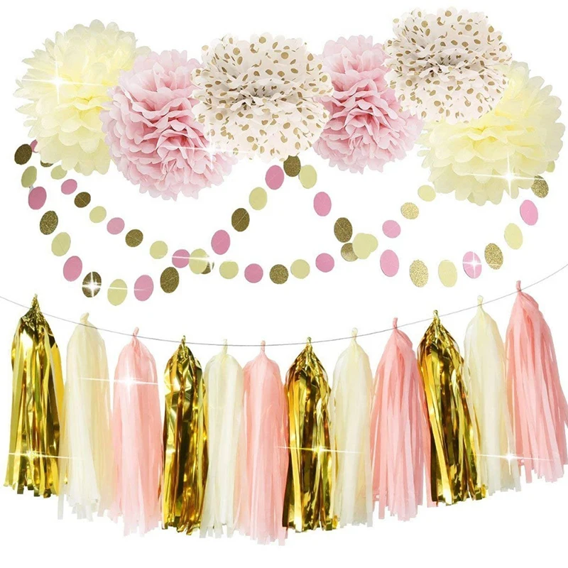 Pink-Cream-Polka-Dots-Tissue-Flowers-Paper-Pom-Poms-Tassel-Banner-Flag-Dot-Garlands-Set-for