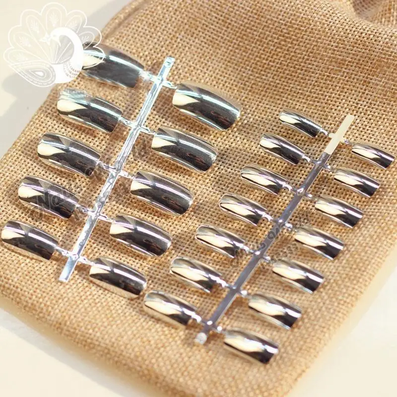 

24pcs Acrylic Nail Tips Shiny Punk Style Metallic Metal Silver Color Fake False Nails Long Size L02