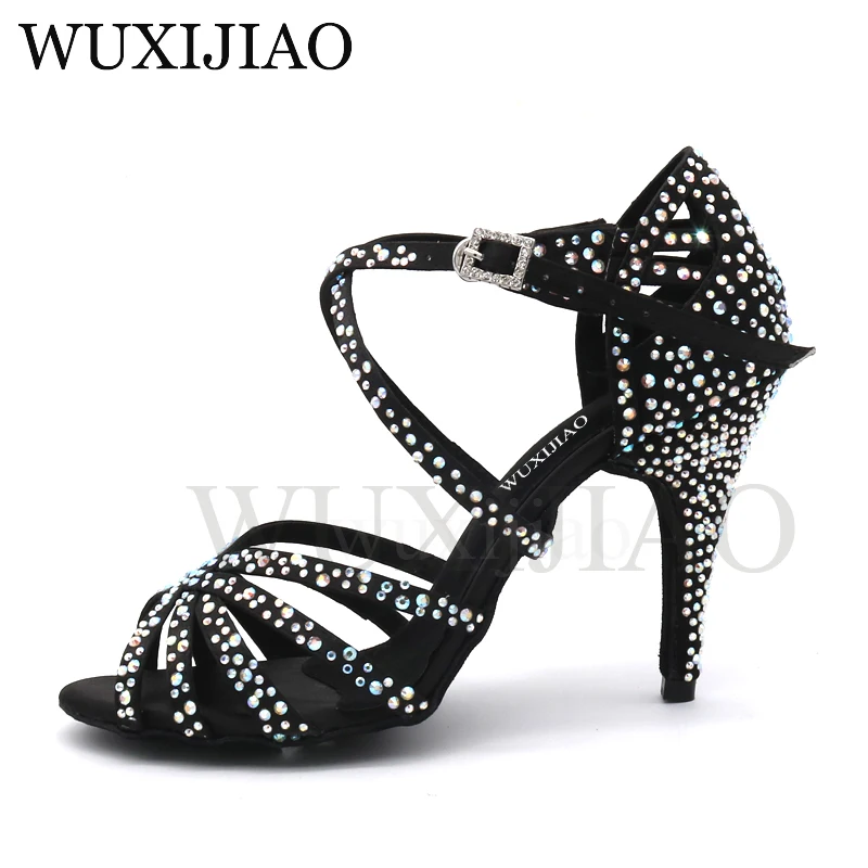 WUXIJIAO Women Party Dance Shoes  Satin Shining rhinestones Soft Bottom Latin Dance Shoes Woman Salsa Dance Shoes heel5CM-10CM