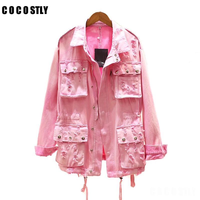 

Hole Denim Jacket Women Vintage Pink Pockets Buttons Loose Coat Female Jean Outerwear coat Manteau Femme Hiver casaco feminino