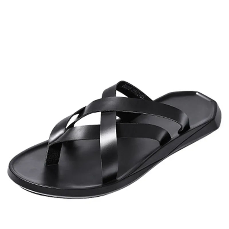 

Summer Men Casual Genuine Leather Darkness Sandals Flat Concise Outdoor Slippers Man Black Sandals Men Appliques Beach Slippers