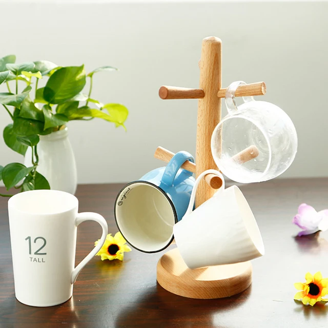1 set Tea Cup Storage Rack 6 hook Mug Cup Holder Mug Display Beach wood