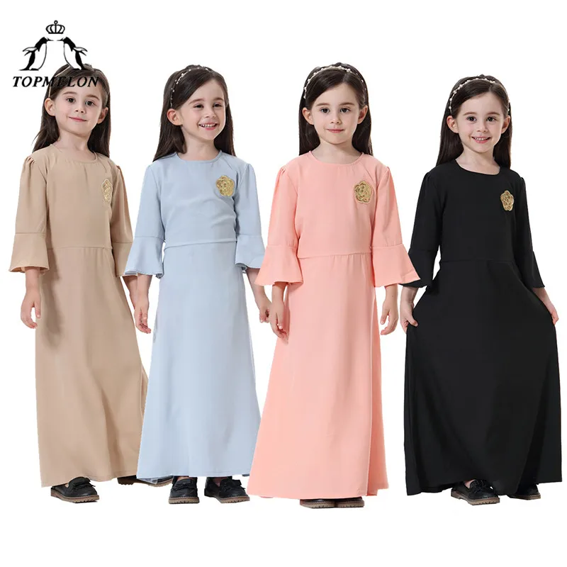 

TOPMELON Girls Kaftan Muslim Dress Sweet Long Sleeve Abaya for Kids Fashion Pink Black Blue Khaki Embroidery Dresses