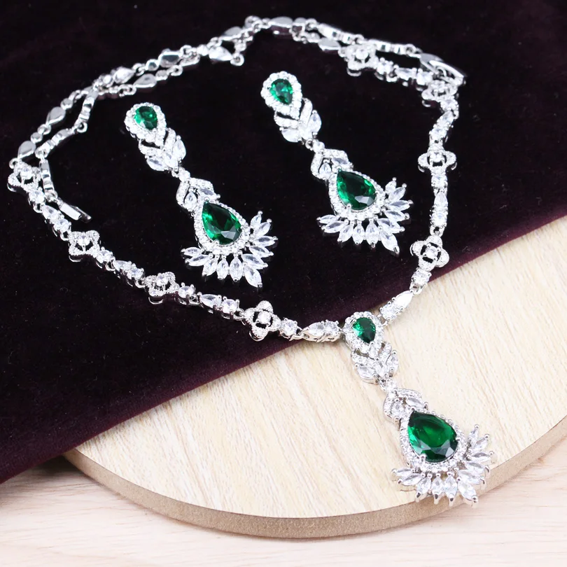 

classic design Green Bridal Jewelry Sets For Women Silver Color Necklace Earrings Austria imported crystal